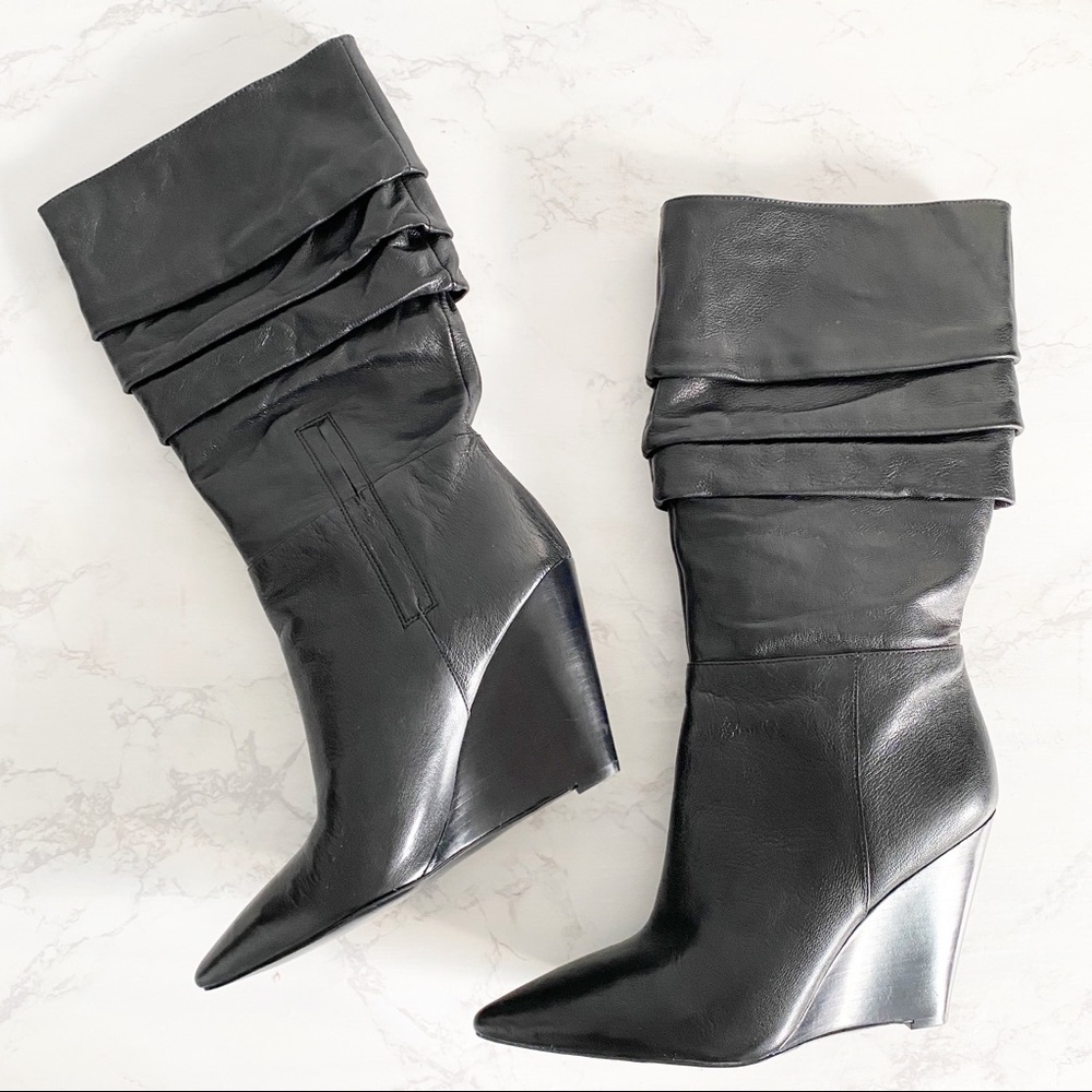 Nine West Vernese Scrunch Leather Boots Wedge NWOB